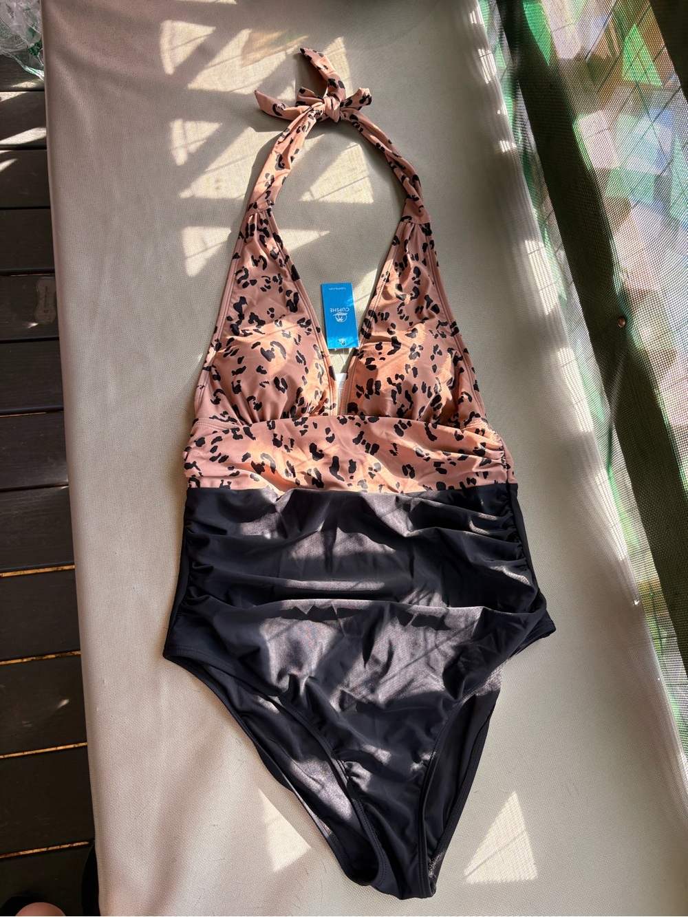 Halter One-Piece Swimsuit in Pink Leopard and Black